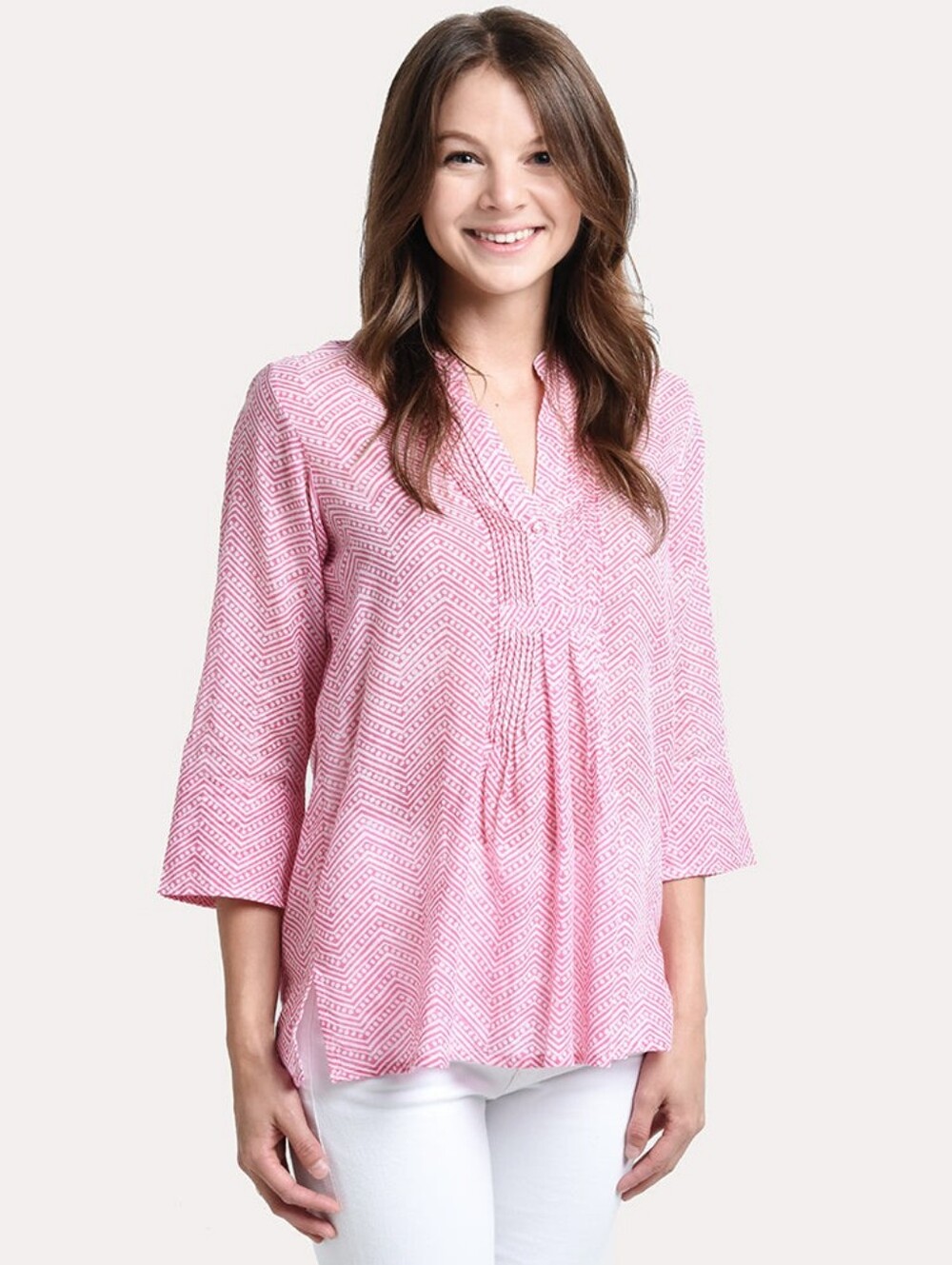 Oliphant Pintuck Tunic Top Cotton 3/4 Sleeves Hi Lo Pink Summer Lightweight Sz L
